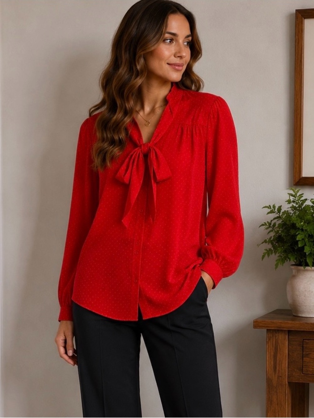 Red Tie-Neck Blouse